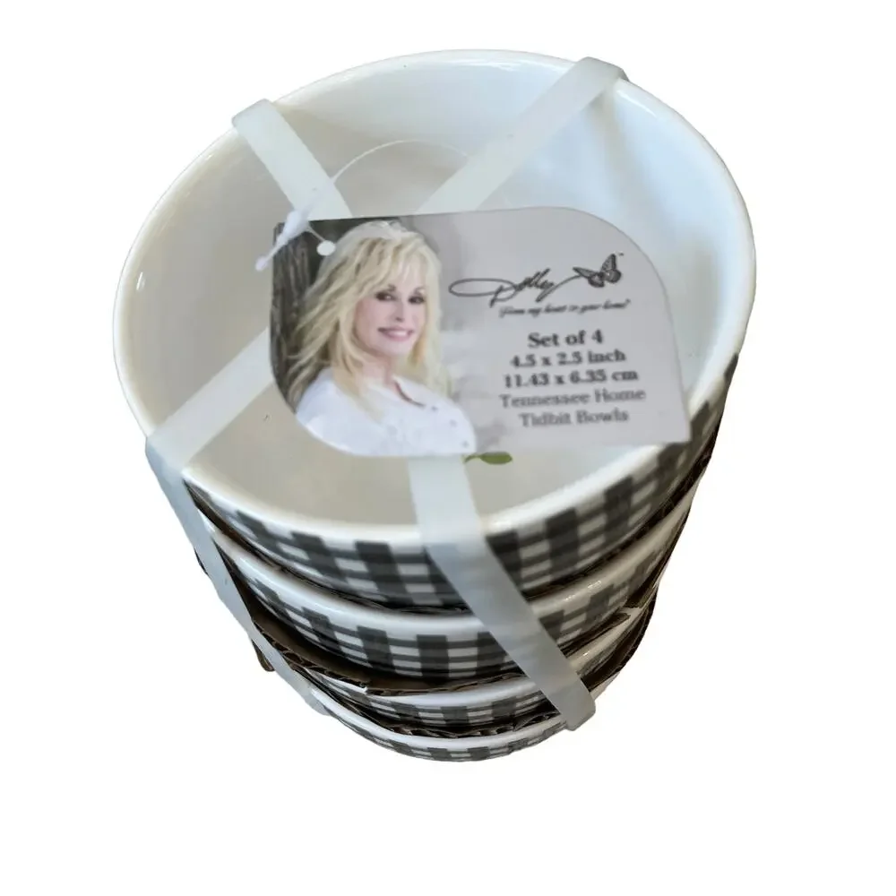 DOLLY PARTON Set of 4 Ceramic Tidbit Bowls Black|White Gingham Red Floral INEW